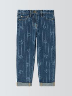John Lewis Girls' Striped Floral Straight Leg Jeans, Blue/White, Blue, White