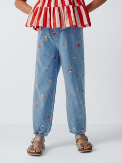 John Lewis Kids' Ditsy Floral Elastic Waist Embroidered Denim Joggers, Blue, Blue