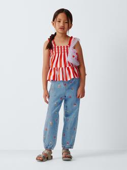 John Lewis Kids' Ditsy Floral Elastic Waist Embroidered Denim Joggers, Blue - view 2, Blue