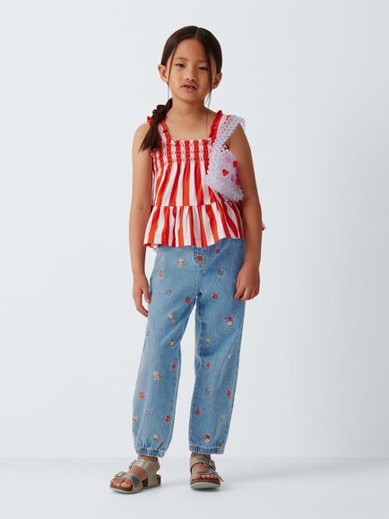 John Lewis Kids' Ditsy Floral Elastic Waist Embroidered Denim Joggers, Blue - view 2, Blue