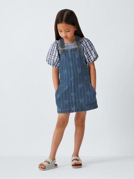 John Lewis Kids' Striped Floral Pinafore Dress, Blue - view 2, Blue