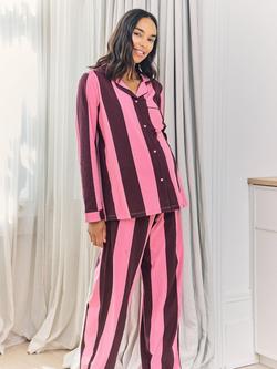 Chelsea Peers Stripe Button Through Long Maternity Pyjama Set, Pink - view 2, Pink