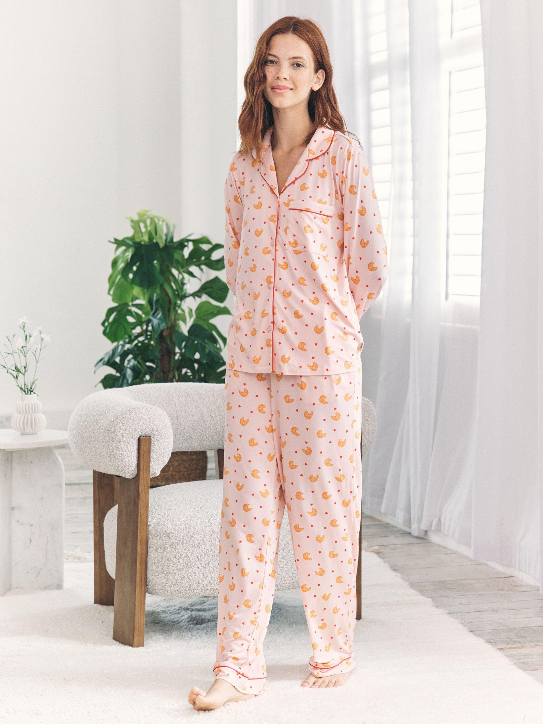 Product image 1 of 5, which shows Chelsea Peers Croissant Button Through Long Pyjama Set, Pink, 6