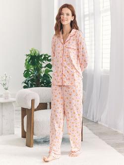 Chelsea Peers Croissant Button Through Long Pyjama Set, Pink, Pink