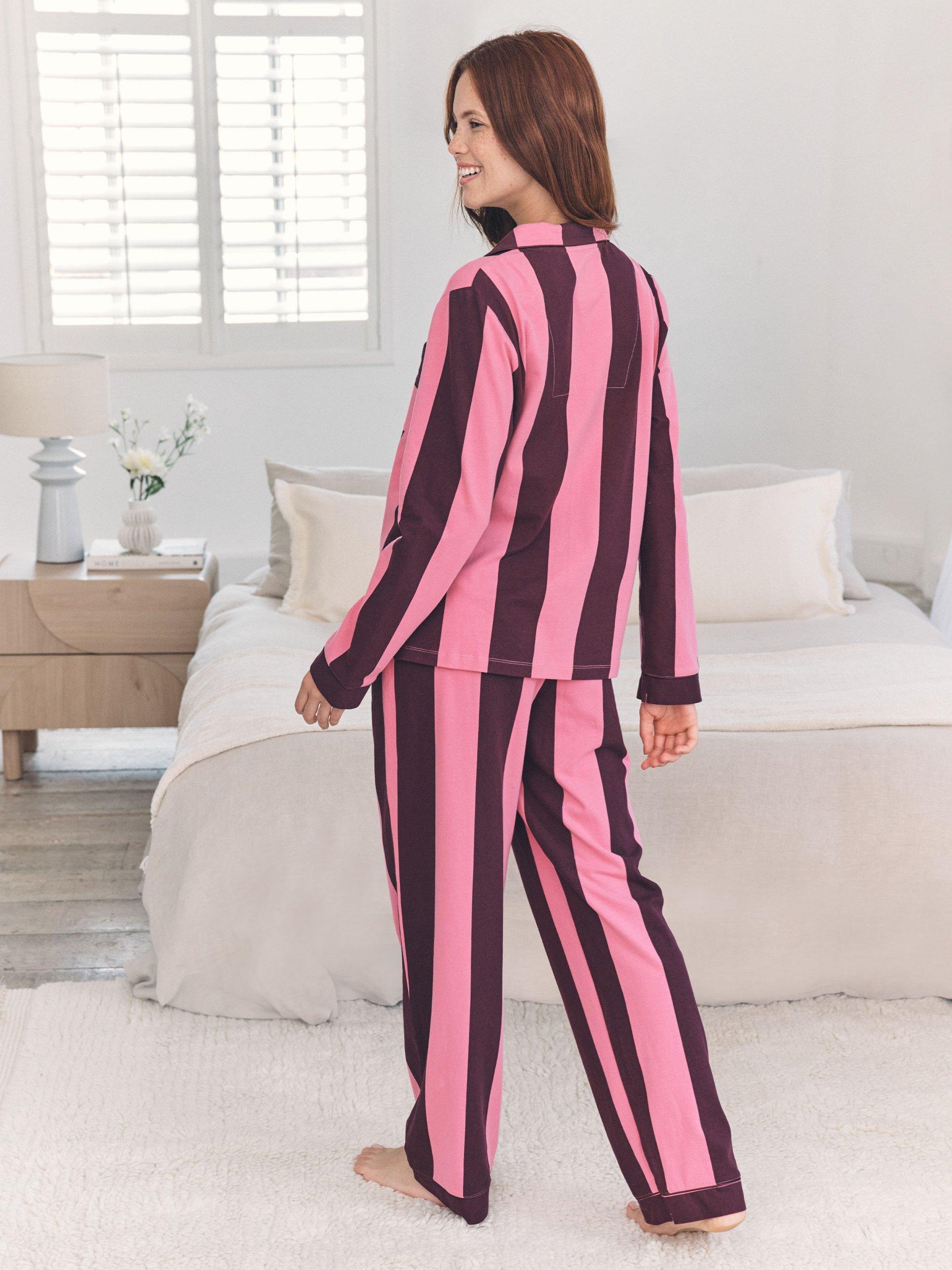 Product image 4 of 7, which shows Chelsea Peers Stripe Button Through Long Pyjama Set, Pink, 6