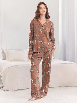 Chelsea Peers Giraffes Long Pyjama Set, Brown, Brown
