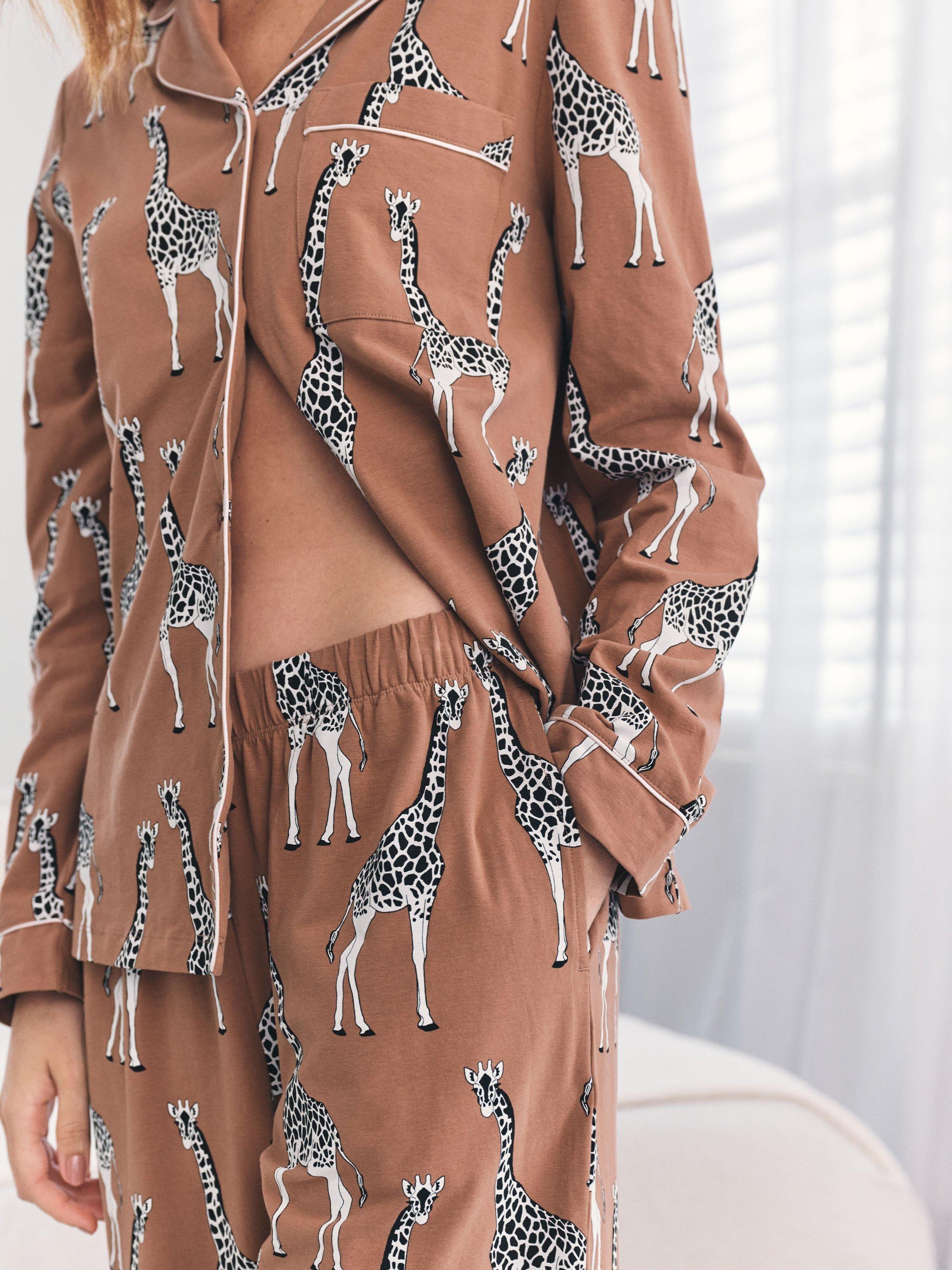 Product image 3 of 8, which shows Chelsea Peers Giraffes Long Pyjama Set, Brown, 6