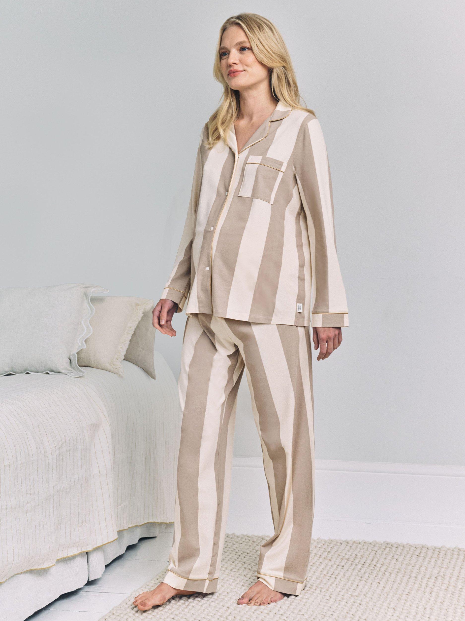 Product image 1 of 7, which shows Chelsea Peers Stripe Button Through Long Maternity Pyjama Set, Brown, 6