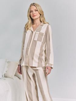 Chelsea Peers Stripe Button Through Long Maternity Pyjama Set, Brown - view 2, Brown