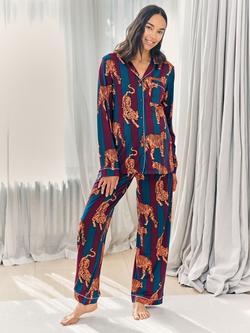 Chelsea Peers Stripe Tigers Long Maternity Pyjama Set, Burgundy, Burgundy