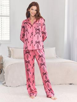Chelsea Peers Bow Print Satin Long Pyjama Set, Pink, Pink