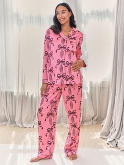 Chelsea Peers Bow Print Satin Maternity Pyjama Set, Pink, Pink