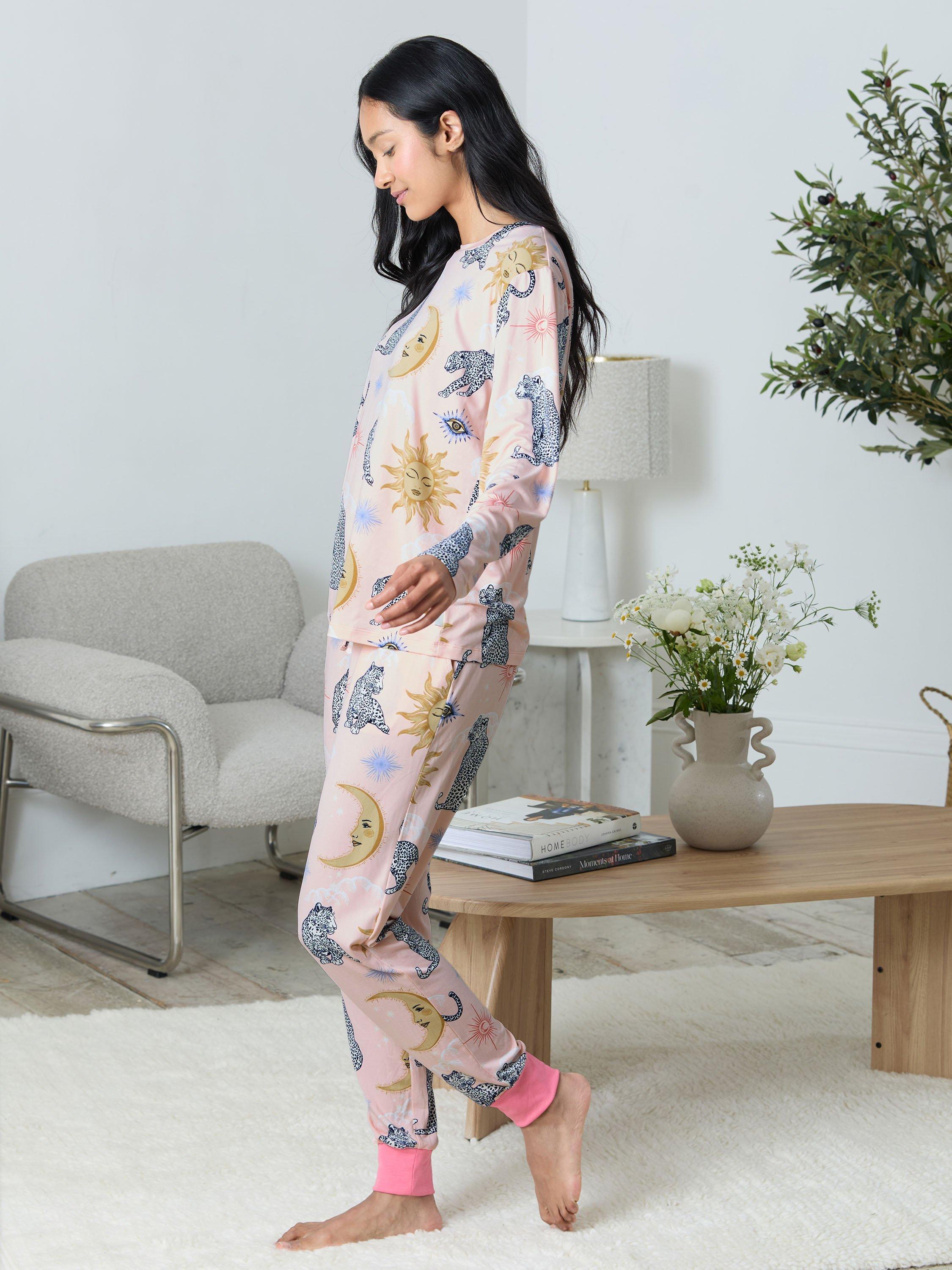 Product image 5 of 8, which shows Chelsea Peers Celestial Leopard Long Pyjama Set, Pink, 6