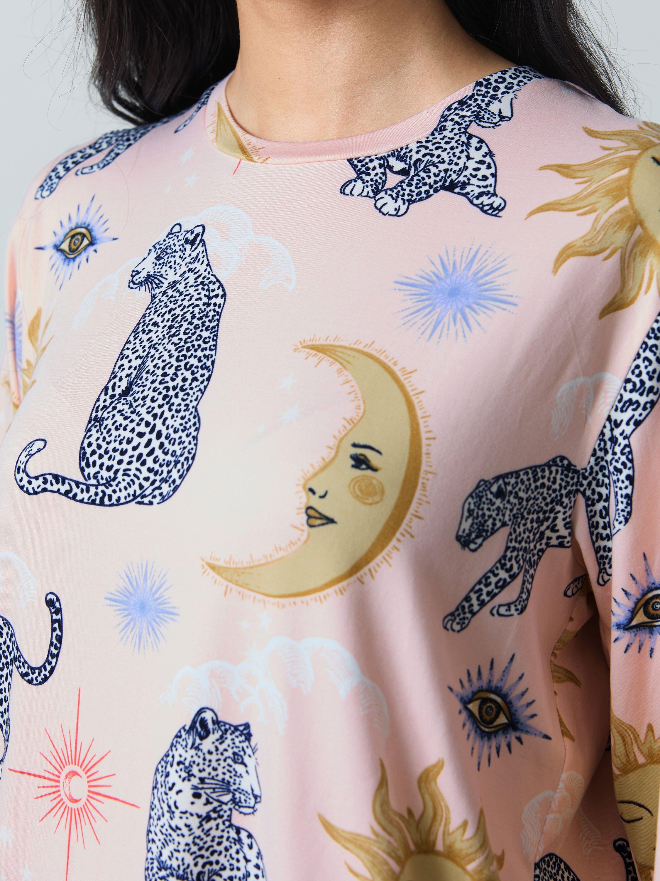 Product image 6 of 8, which shows Chelsea Peers Celestial Leopard Long Pyjama Set, Pink, 6