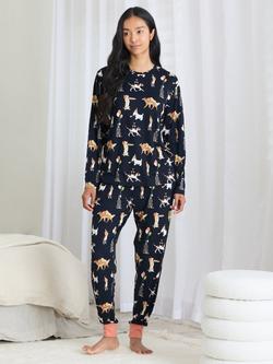 Chelsea Peers Posh Dogs Long Pyjama Set, Navy, Navy