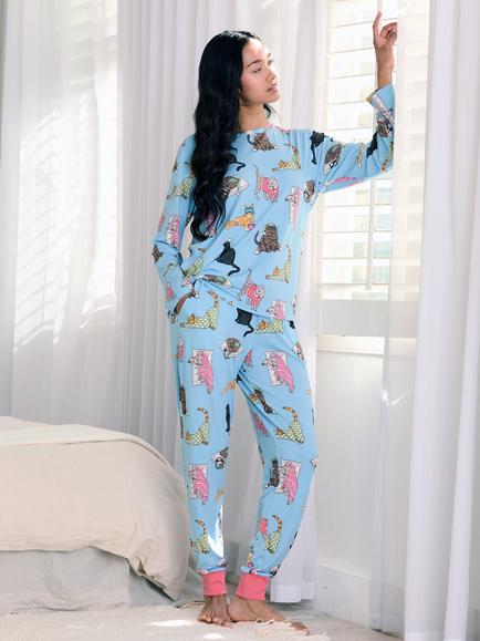 Chelsea Peers Sleepy Cat Pyjamas, Blue/Multi, Blue/Multi