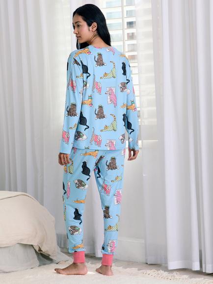Chelsea Peers Sleepy Cat Pyjamas, Blue/Multi - view 2, Blue/Multi