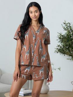 Chelsea Peers Giraffe Print Organic Cotton Pyjama Set, Brown