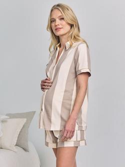 Chelsea Peers Stripe Button Through Short Maternity Pyjama Set, Brown, Brown