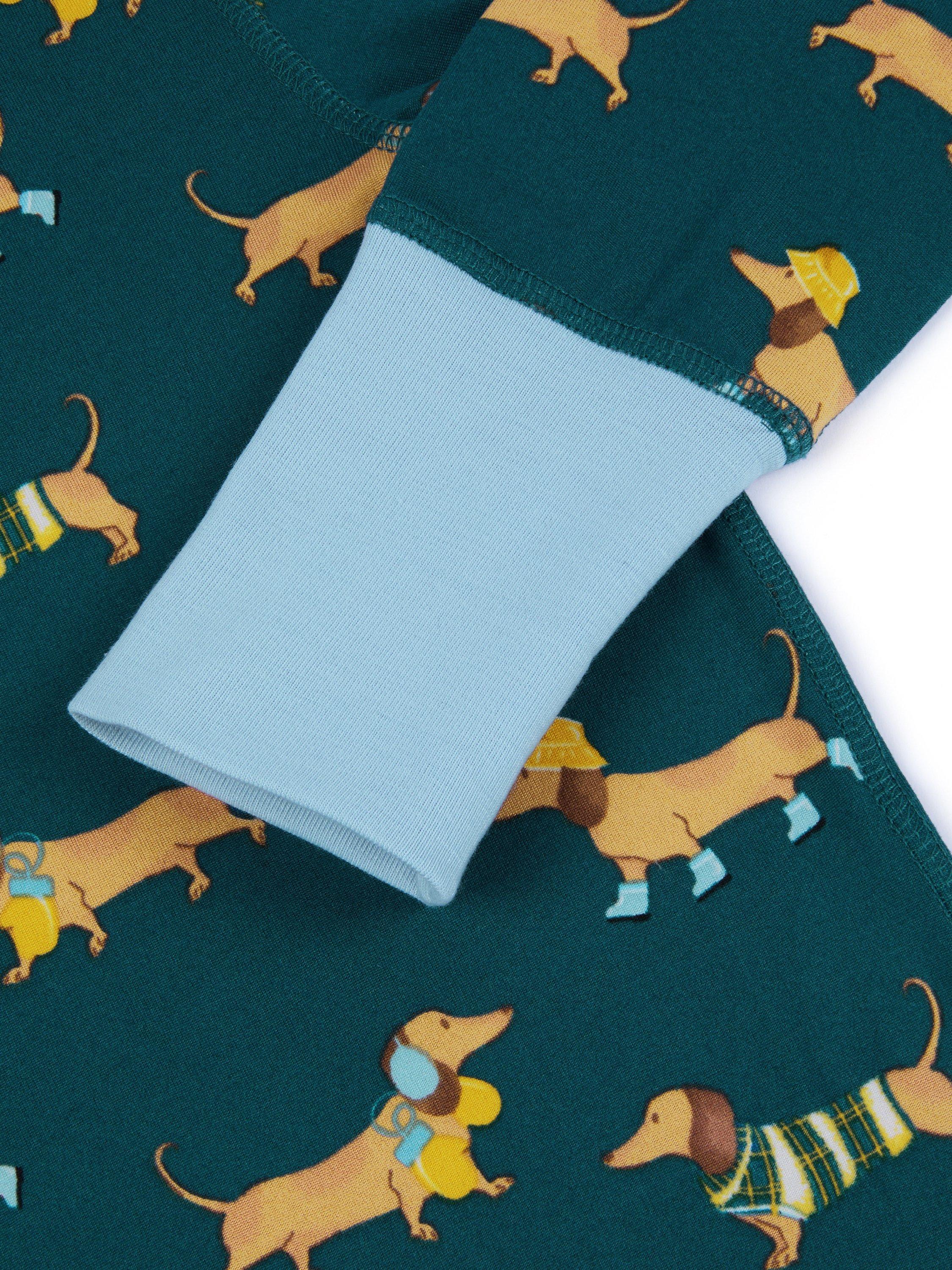 Chelsea Peers Kids' Long Sleeved Sausage Dog Stroll Pyjamas, Teal