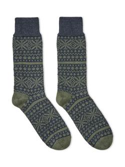 Celtic & Co. Fair Isle Merino Wool Cotton Blend Socks, Navy/Olive