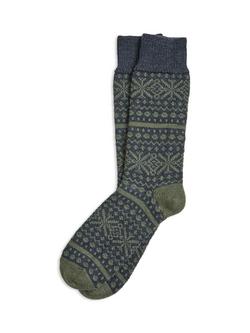 Celtic & Co. Fair Isle Merino Wool Cotton Blend Socks - view 2, Navy/Olive
