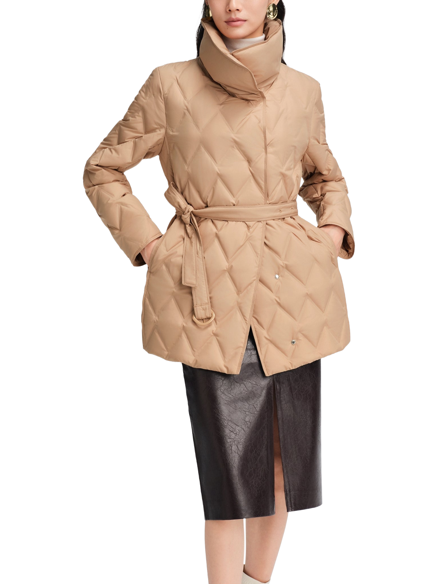 Product image 1 of 2, which shows Bosideng Belted Goose Down Quilted Jacket, Olive Tan, 4
