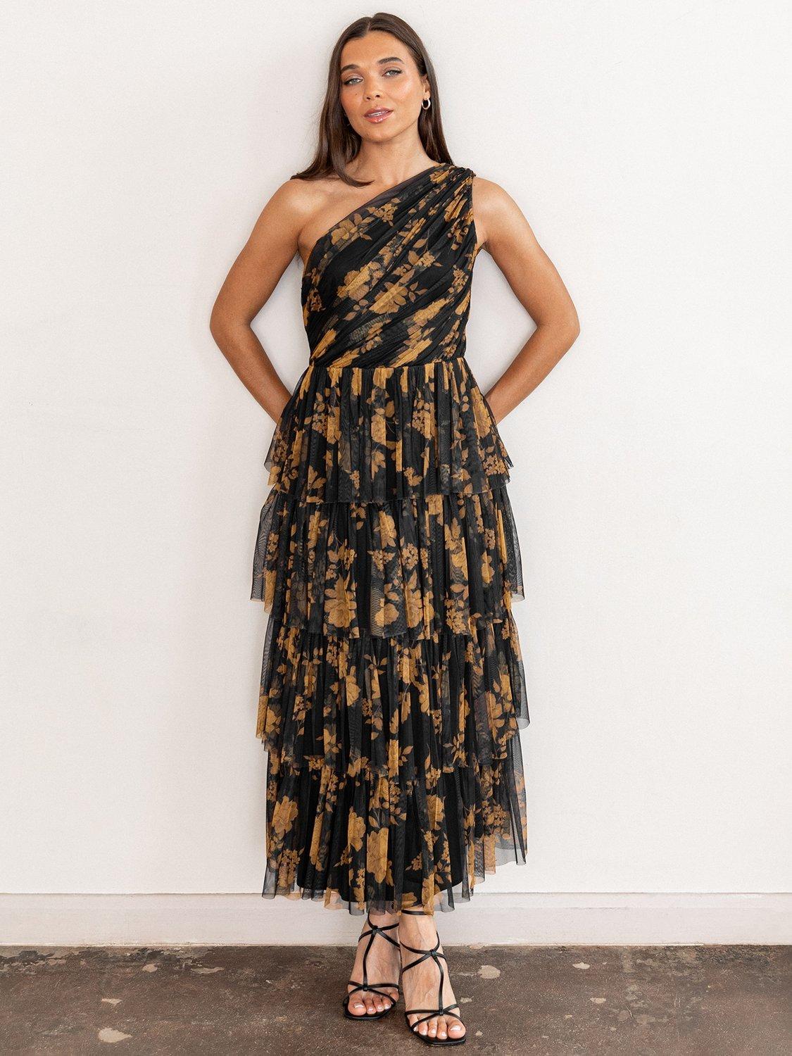 Anaya With Love Floral Tulle One Shoulder Midaxi Dress, Black