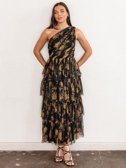 Anaya With Love Floral Tulle One Shoulder Midaxi Dress, Black, Black