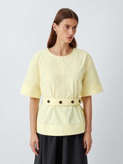 John Lewis Short Sleeve Belted Cotton Blouse, Pale Yellow, Pale Yellow