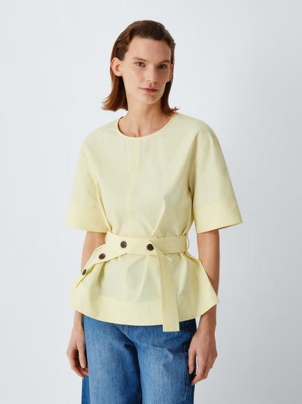John Lewis Short Sleeve Belted Cotton Blouse, Pale Yellow, Pale Yellow