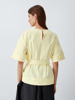 John Lewis Short Sleeve Belted Cotton Blouse, Pale Yellow - view 2, Pale Yellow