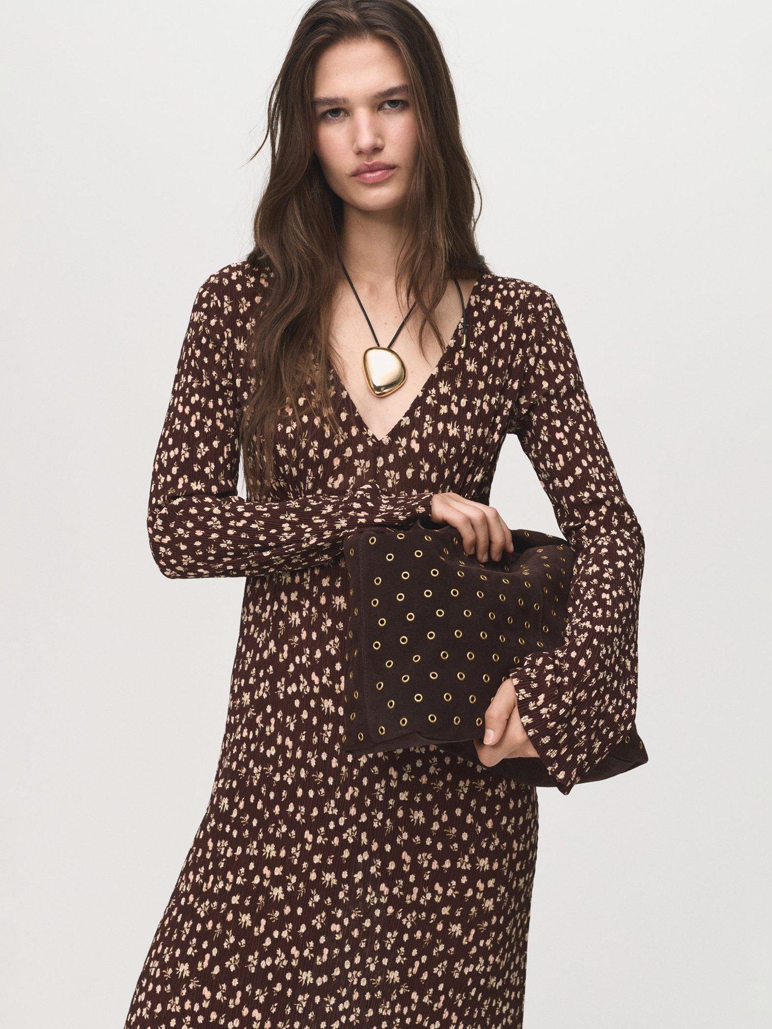 Product image 1 of 8, which shows Mango Pome Floral Midi Dress, Brown, 10