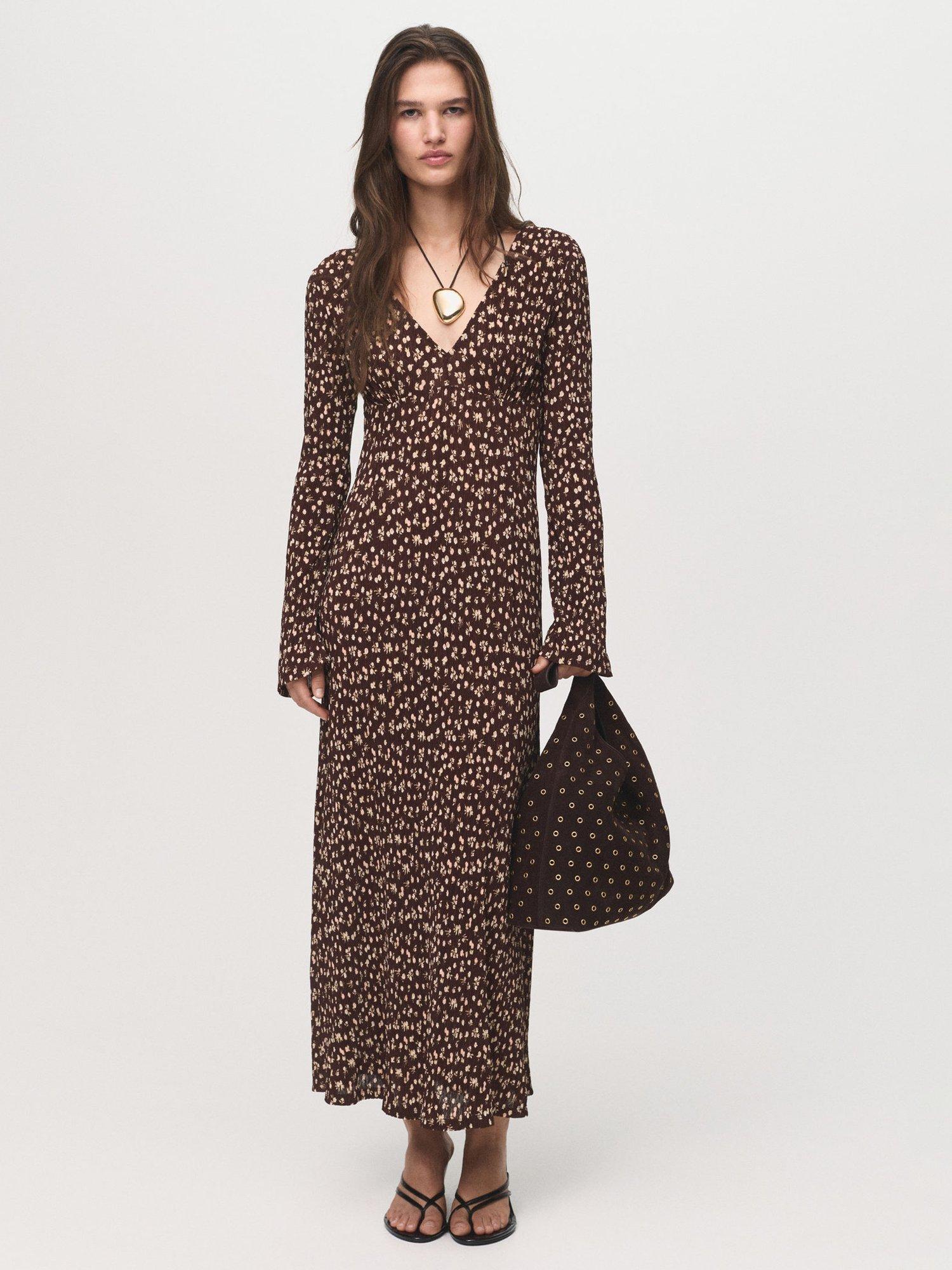 Product image 2 of 8, which shows Mango Pome Floral Midi Dress, Brown, 10