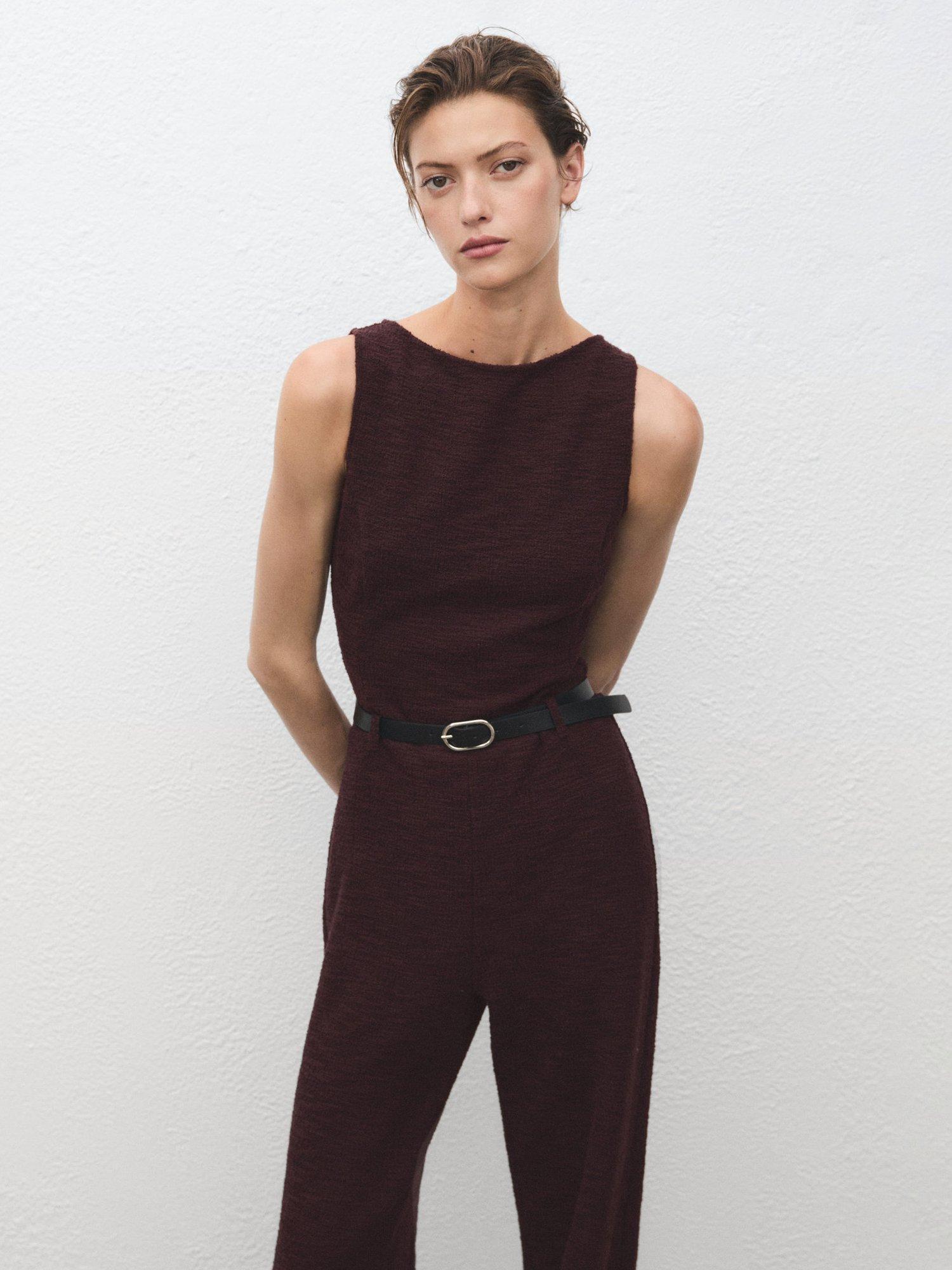 Product image 1 of 8, which shows Mango Beltino Jacquard Jumpsuit, Dark Red, M