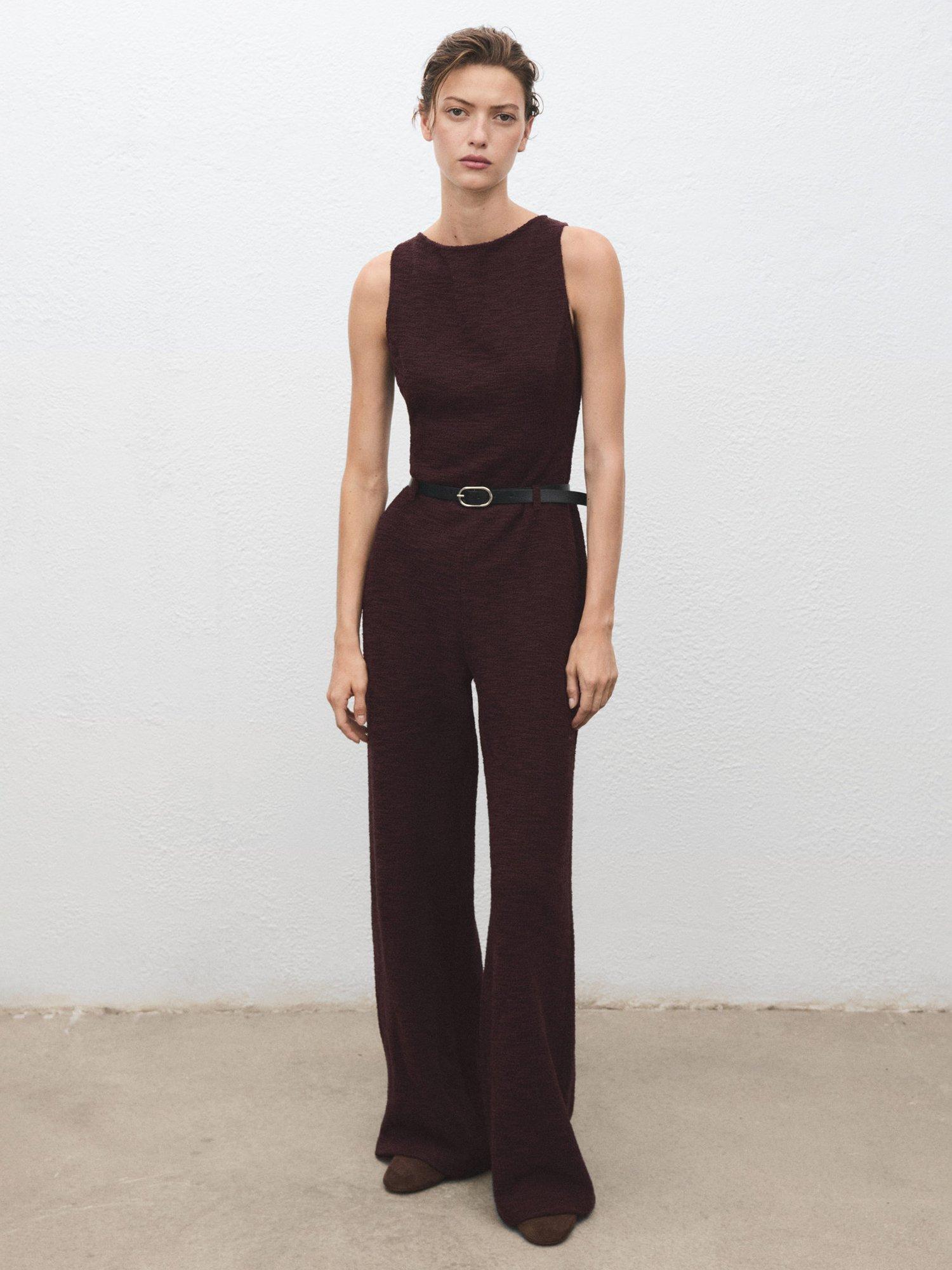 Product image 2 of 8, which shows Mango Beltino Jacquard Jumpsuit, Dark Red, M