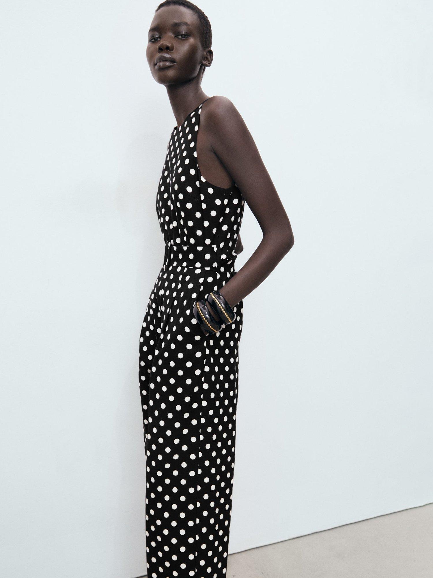 Product image 1 of 8, which shows Mango Romeo Polka Dot Jumpsuit, Black, XS