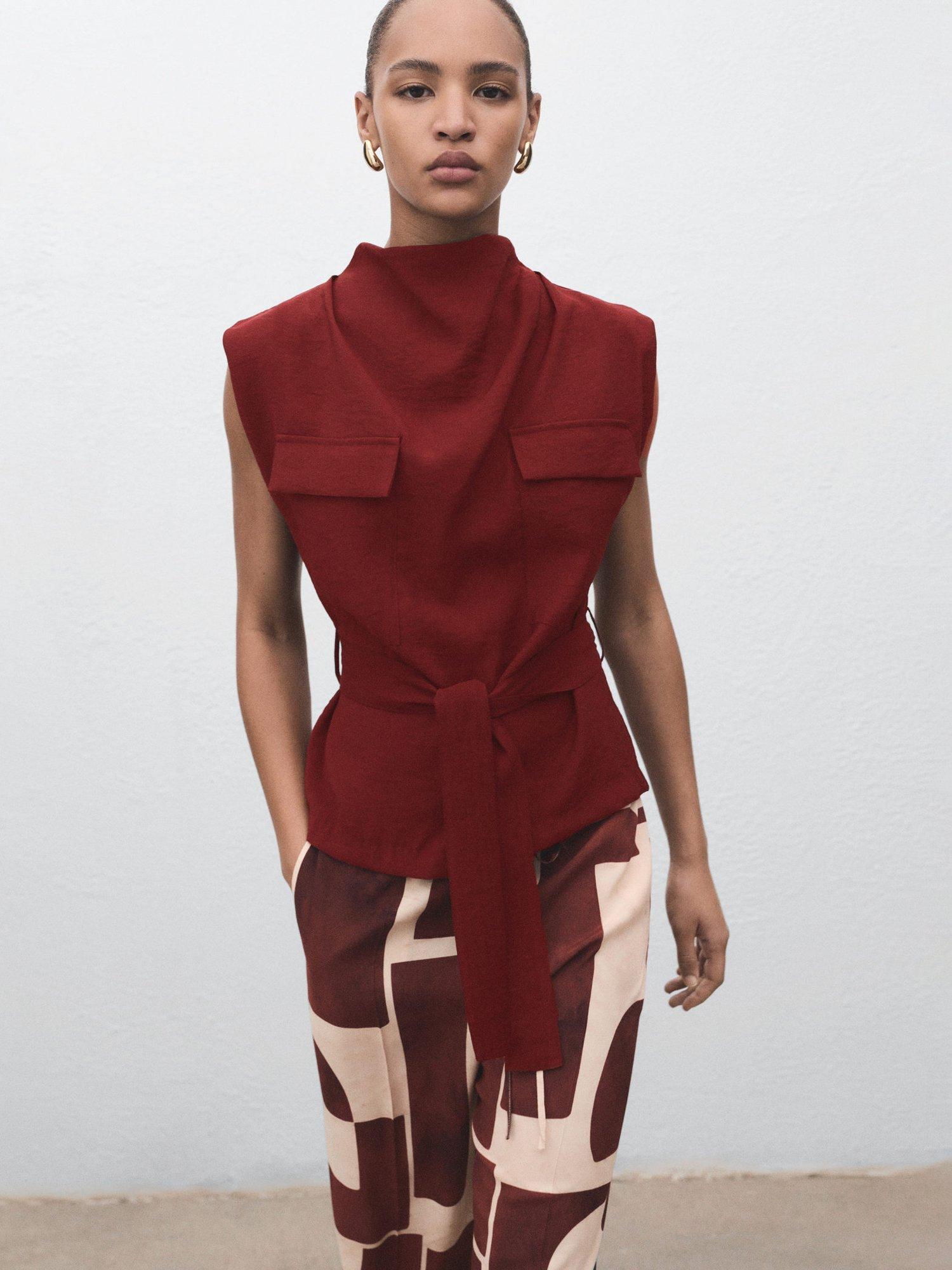 Product image 1 of 8, which shows Mango Angela Belted Top, Medium Red, 10