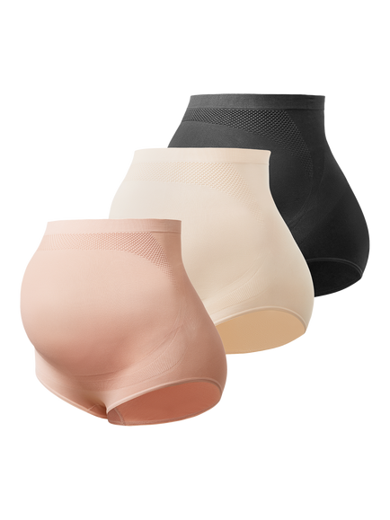 Momcozy High Waist Pregnancy Seamless Soft Belly Support Knickers, Pack of 3, Black/Pink/Almond, Black Pink Almond