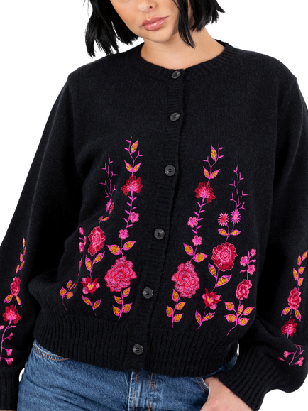 Lovedrobe Floral Embroidery Cardigan, Black, Black