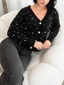 Lovedrobe Faux Pearl Embellished Cardigan, Black, Black