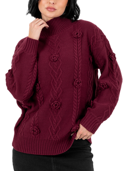 Lovedrobe Floral Applique Cable Knit Jumper, Burgundy