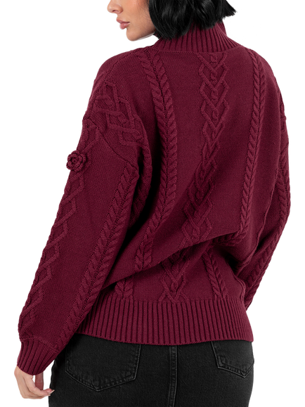 Lovedrobe Floral Applique Cable Knit Jumper - view 2, Burgundy