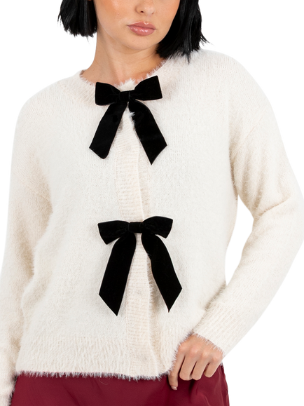 Lovedrobe Bows Eyelash Knit Cardigan, Ivory, Ivory