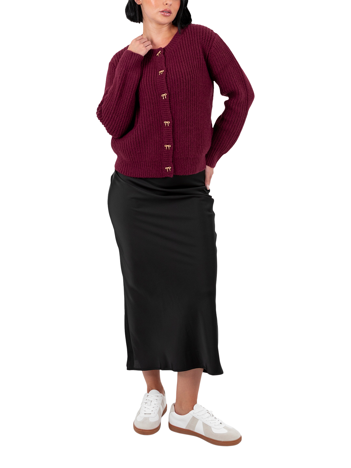 Product image 1 of 7, which shows Lovedrobe Bow Button Ribbed Cardigan, Burgundy, 8-10