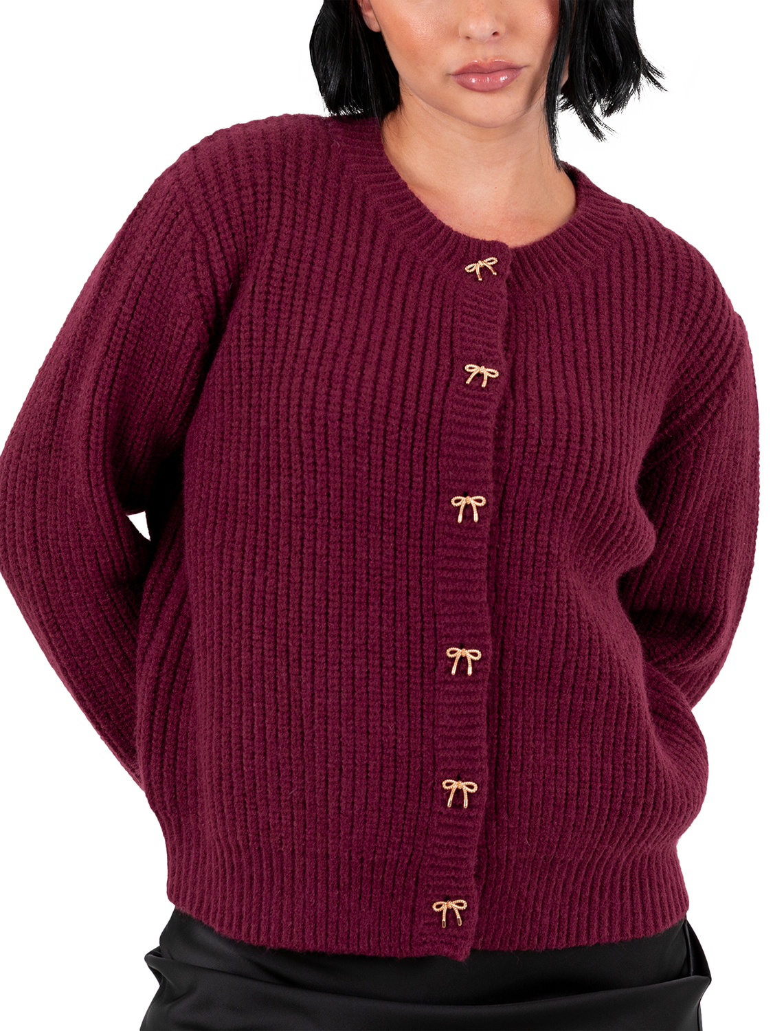 Product image 3 of 7, which shows Lovedrobe Bow Button Ribbed Cardigan, Burgundy, 8-10