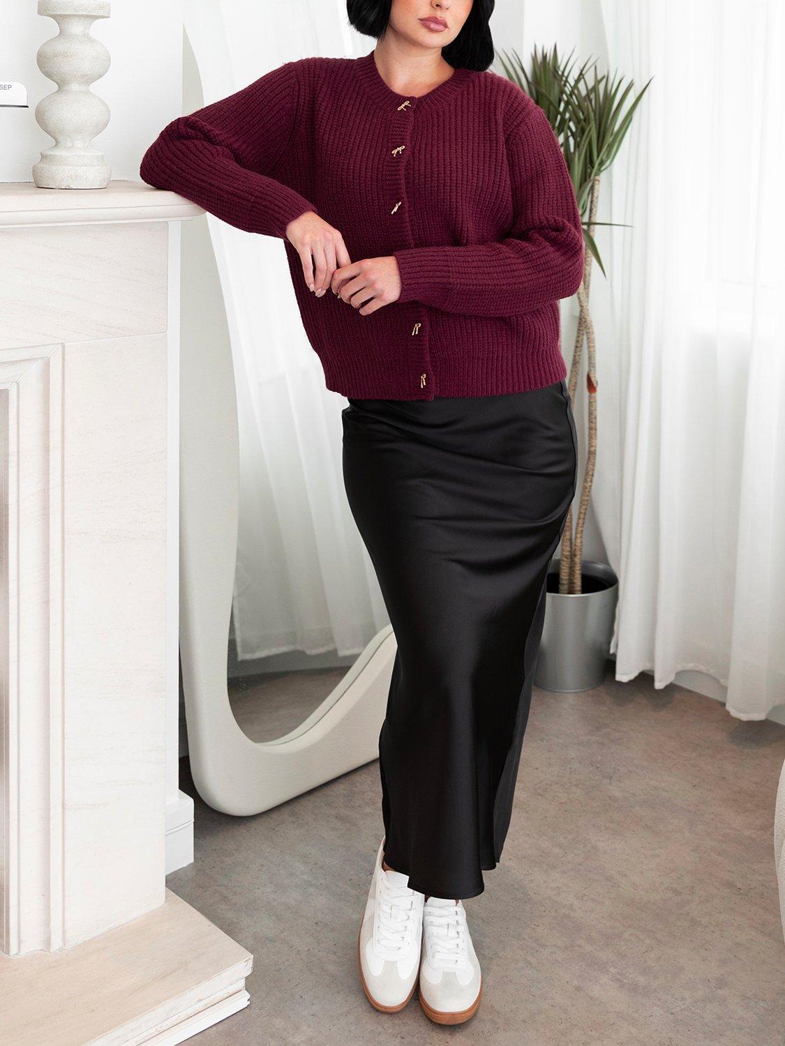 Product image 5 of 7, which shows Lovedrobe Bow Button Ribbed Cardigan, Burgundy, 8-10