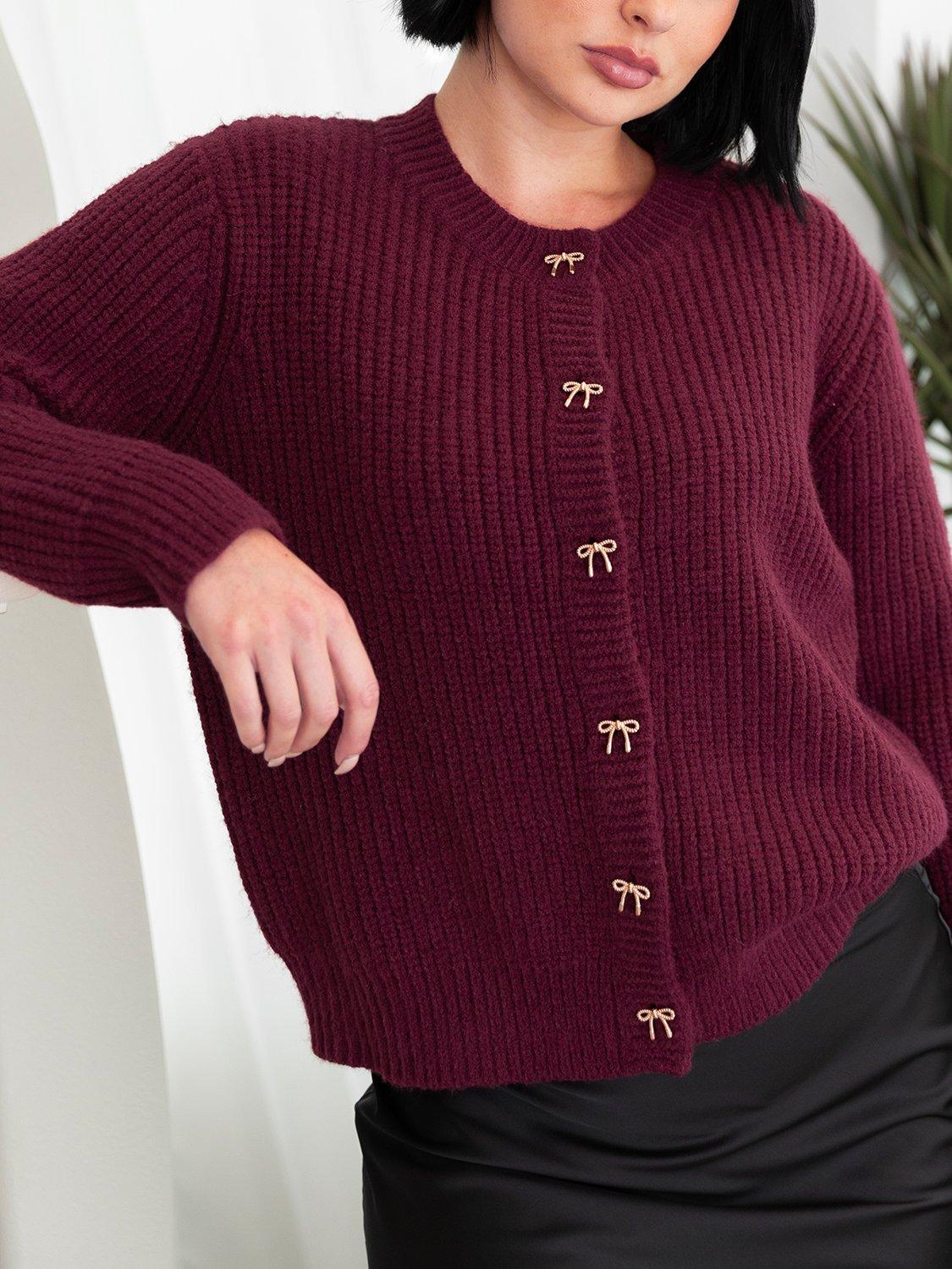 Product image 6 of 7, which shows Lovedrobe Bow Button Ribbed Cardigan, Burgundy, 8-10