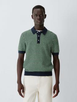 John Lewis 3 Colour Micro Stitch Wool Blend Short Sleeve Polo Shirt, Green, Green