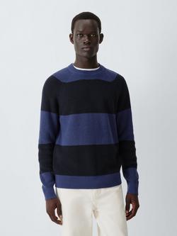 John Lewis Cotton Blend Rib Knit Striped Crew Neck Jumper, Navy/Blue